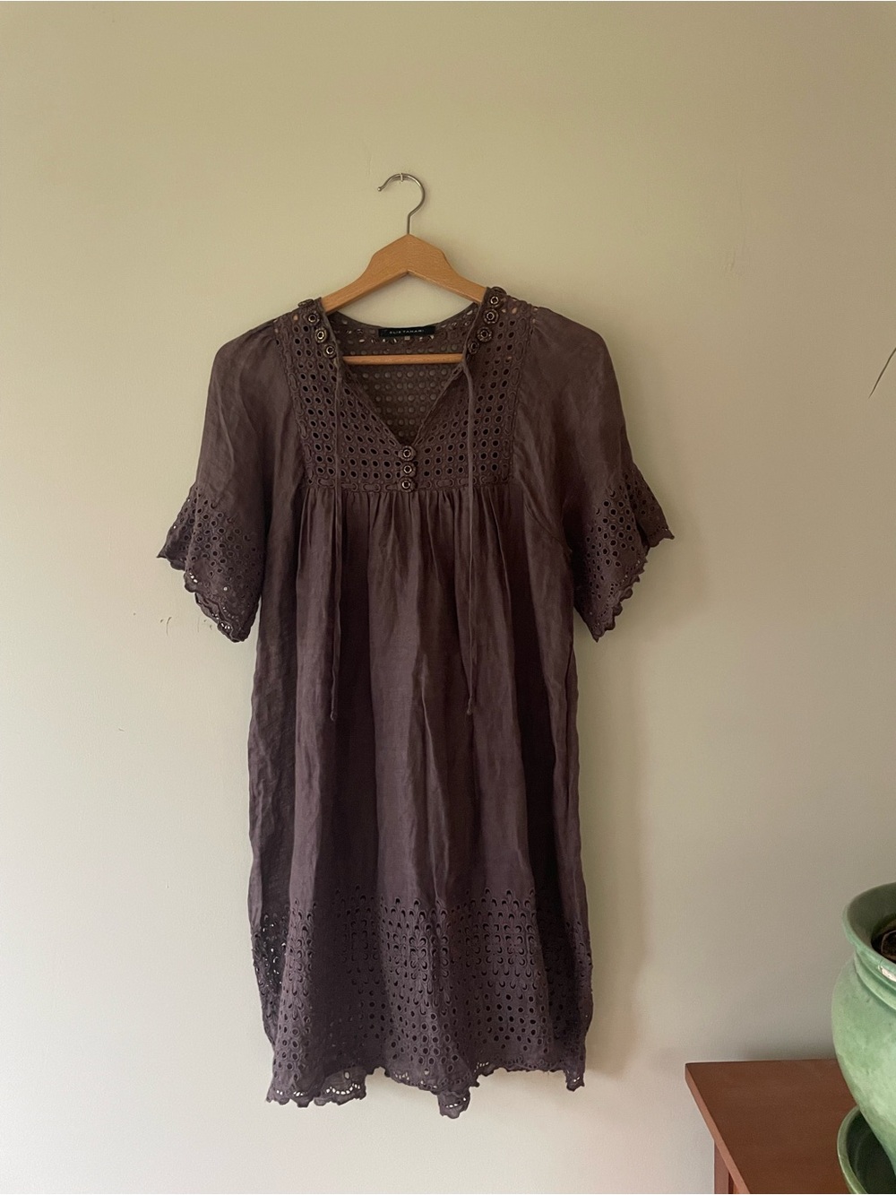 Elie Tahari Brown Eyelet Linen-Blend Mini Dress coastal cottage